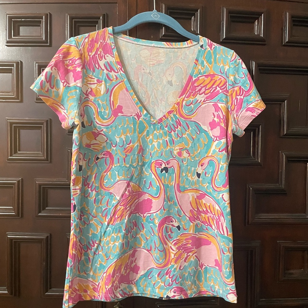 Authentic, Lilly Pulitzer, cotton shirt, in a cute flamingo print.